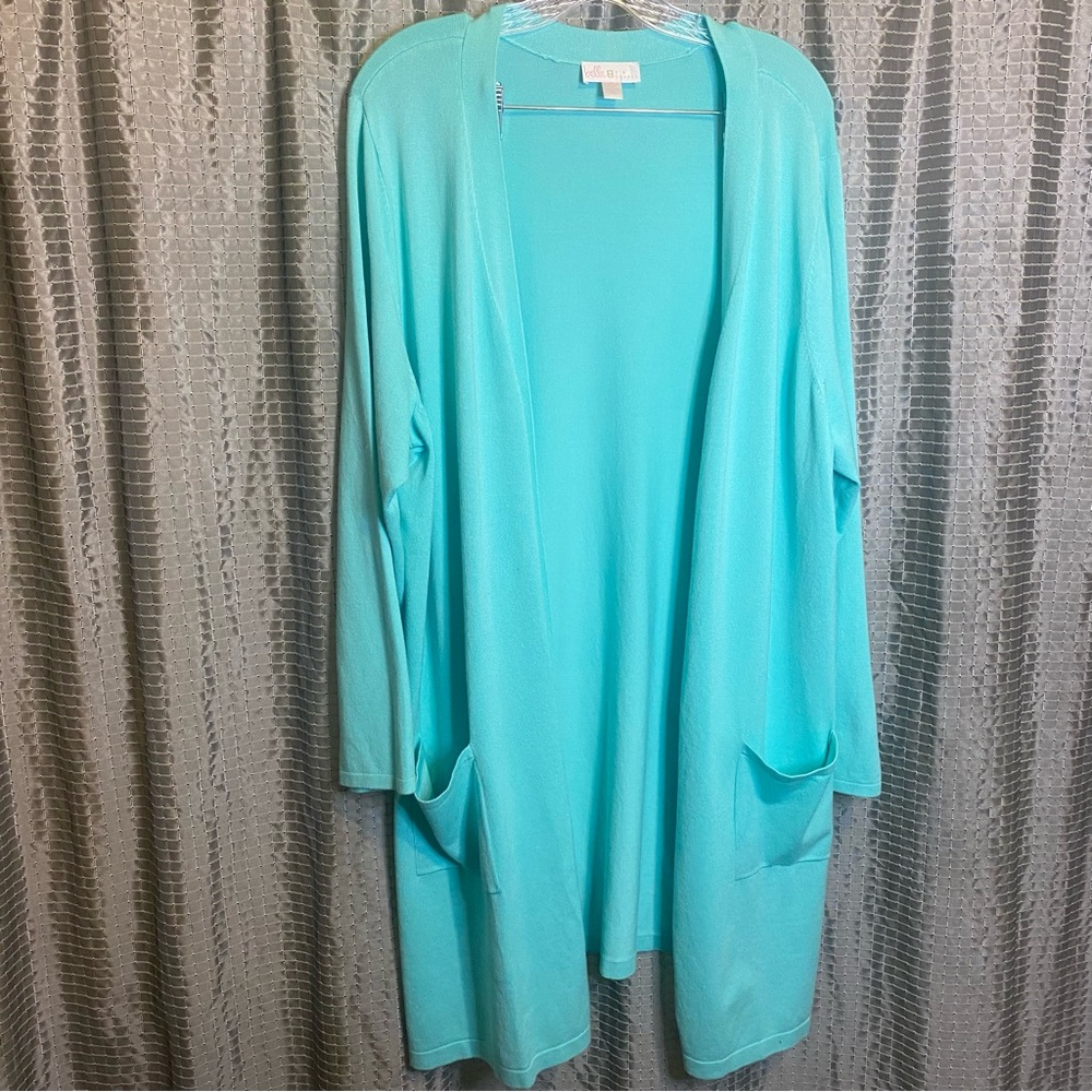 Like New! Belle by Kim Gravel aqua open cardigan/duster with pockets. Size 1XP